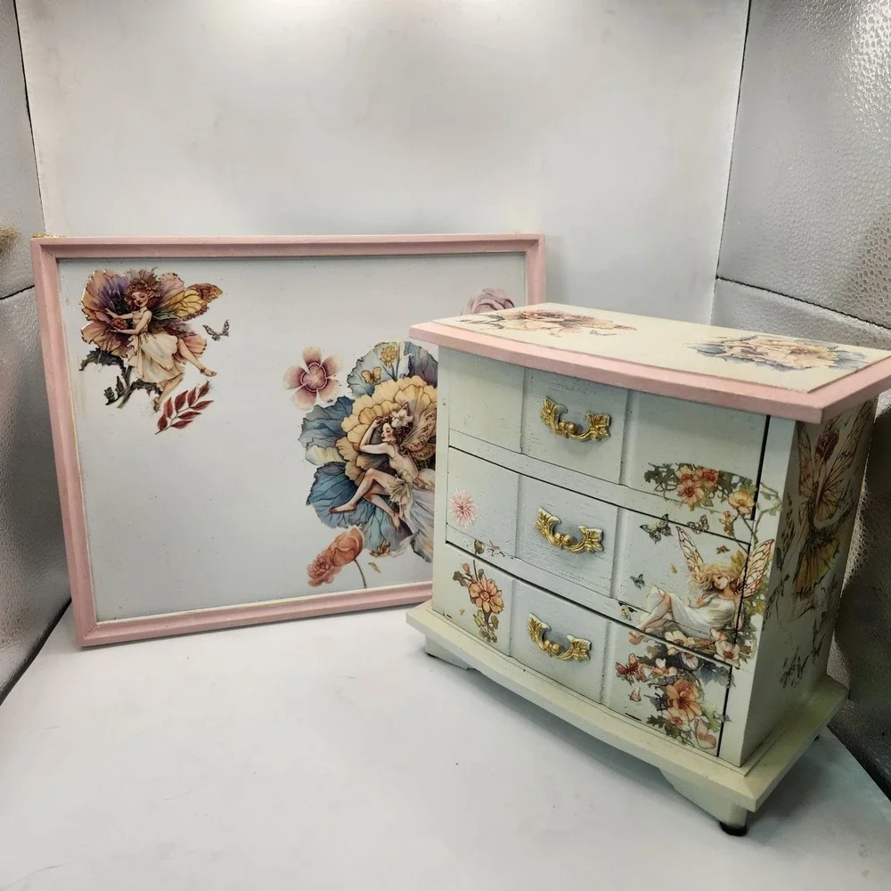 Vintage Fairy Jewelry Music Box 3 Drawer Chest and Matching 12in Vanity Tray Set